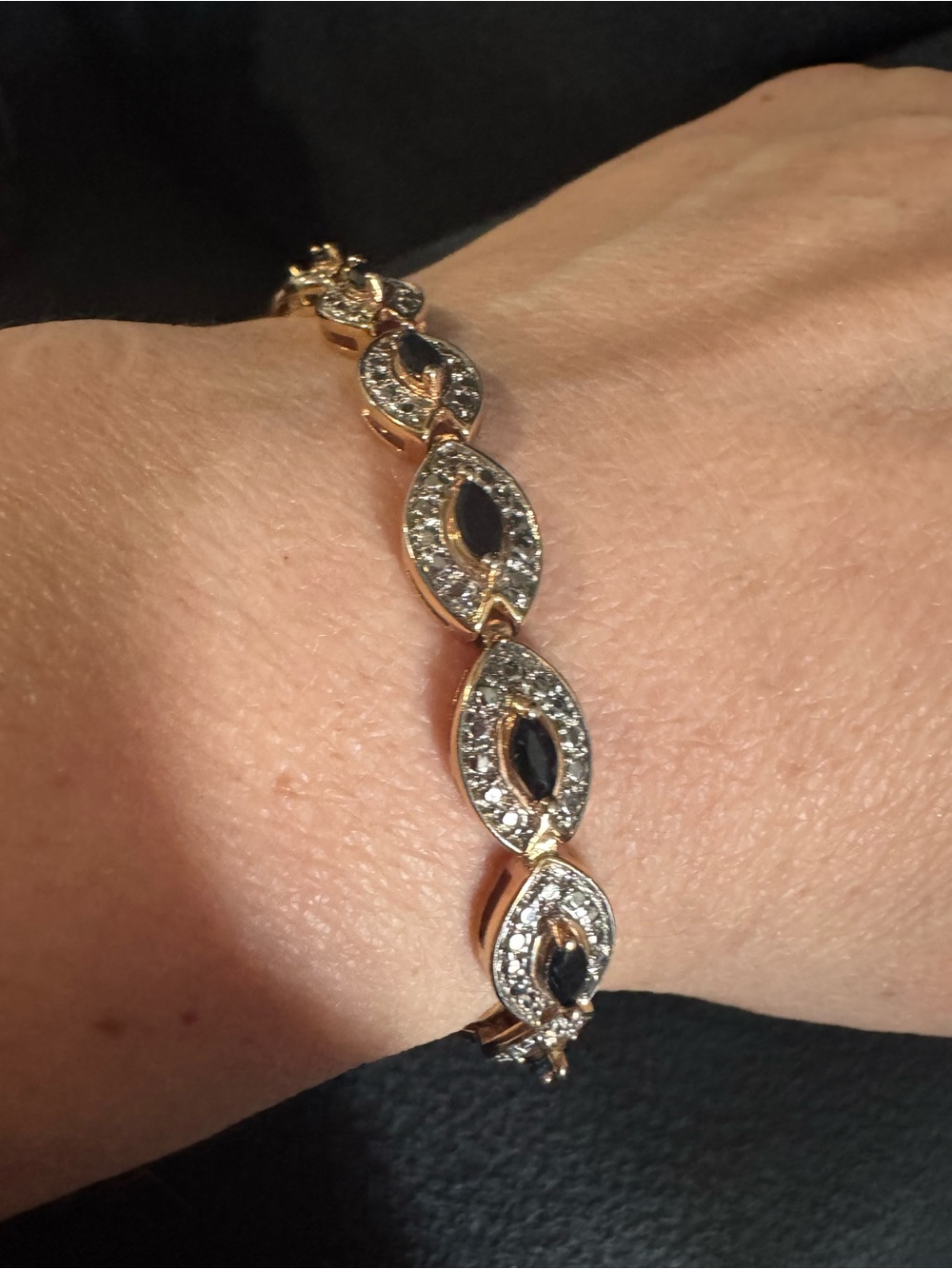 Sterling silver gold Bracelet with Black Crystal Marquise and diamonds. - Picture 2 of 6